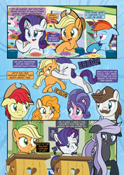 Size: 1920x2715 | Tagged: safe, artist:alexdti, derpibooru import, applejack, bright mac, cookie crumbles, hondo flanks, pear butter, rainbow dash, rarity, oc, earth pony, pegasus, pony, unicorn, comic:how we met, g4, female, filly, filly applejack, filly rarity, foal, horn, younger