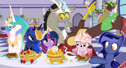 Size: 1280x684 | Tagged: safe, artist:velveagicsentryyt, derpibooru import, discord, princess celestia, princess luna, twilight sparkle, twilight sparkle (alicorn), oc, oc:batty, oc:eclipse sparkle, alicorn, bat pony, draconequus, hybrid, pony, g4, discolight, female, food, indoors, interspecies offspring, male, mare, offspring, pancakes, parent:discord, parent:twilight sparkle, parents:discolight, shipping, straight