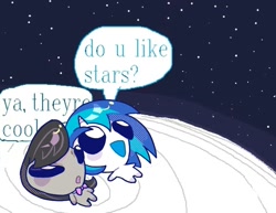 Size: 777x600 | Tagged: safe, artist:rlabbiy, derpibooru import, dj pon-3, octavia melody, vinyl scratch, earth pony, pony, unicorn, g4, chibi, do u like stars?, duo, duo female, female, horn, lying down, mare, meme, on back, ponified, species swap, speech bubble, starry night, text