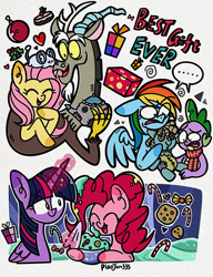 Size: 1279x1668 | Tagged: safe, artist:piaojun55154, derpibooru import, discord, fluttershy, pinkie pie, rainbow dash, spike, twilight sparkle, twilight sparkle (alicorn), alicorn, draconequus, dragon, earth pony, pegasus, pony, g4, ..., :d, baking, bowl, candy, candy cane, clothes, cookie, eyebrows, eyes closed, female, food, heart, magic, mare, my little pony best gift ever, open mouth, open smile, present, raised eyebrow, scarf, simple background, smiling, speech bubble, telekinesis, text, toy, white background