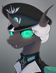 Size: 2332x3040 | Tagged: safe, artist:floppochkin, derpibooru import, oc, oc only, oc:kitu elder, changeling, changeling queen, equestria at war mod, bust, cap, clothes, female, gradient background, gray coat, hat, insect wings, jewelry, medallion, military uniform, necklace, portrait, solo, teal eyes, uniform, white mane, wings