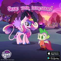 Size: 1080x1080 | Tagged: safe, derpibooru import, princess cadance, spike, alicorn, dragon, kirin, g4, concave belly, duo, duo male and female, female, gameloft, kirin cadance, kirin-ified, male, mare, outdoors, phantom of the opera, ponyville, slender, species swap, thin, winged kirin, winged spike, wings