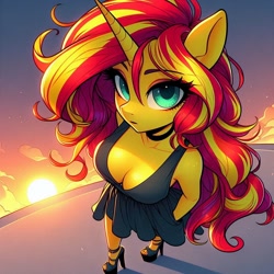 Size: 1024x1024 | Tagged: safe, ai content, derpibooru import, generator:bing image creator, generator:dall-e 3, machine learning generated, sunset shimmer, anthro, equestria girls, g4, angle, breasts, choker, cleavage, clothes, dress, evening, female, hand in pocket, high heel sandals, high heels, looking at you, platform heels, platform shoes, prompter:glimmy-glam, rooftop, sandals, shoes, sleeveless, solo, sunset