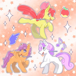 Size: 1777x1777 | Tagged: safe, artist:makaroni923, derpibooru import, apple bloom, scootaloo, sweetie belle, earth pony, pegasus, pony, unicorn, g4, :d, apple, chest fluff, cutie mark crusaders, female, filly, foal, food, gradient background, horn, music notes, open mouth, open smile, outline, patterned background, raised leg, signature, smiling, sparkles, stars, text, white outline, wings