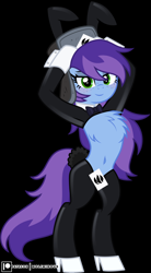 Size: 3000x5440 | Tagged: safe, artist:clubvixen, derpibooru import, oc, oc only, oc:cher nobyl, pony, belly, belly button, bipedal, bowtie, bunny suit, chest fluff, clothes, female, freckles, hat, hooves behind head, mare, necktie, reverse bunny suit, solo, stupid sexy cher nobyl, stupid sexy oc, ushanka