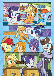 Size: 1920x2715 | Tagged: safe, artist:alexdti, derpibooru import, applejack, bright mac, cookie crumbles, hondo flanks, pear butter, rainbow dash, rarity, oc, earth pony, pegasus, pony, unicorn, comic:how we met (italian), g4, female, filly, filly applejack, filly rarity, foal, horn, younger