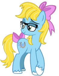 Size: 720x919 | Tagged: safe, artist:lucky bolt, artist:pegasski, derpibooru import, oc, oc only, oc:lucky breeze, earth pony, pony, g4, base used, bow, crossed legs, eyeshadow, feathered fetlocks, female, fusion, glasses, green eyes, hair bow, makeup, next generation, oc fusion, simple background, solo, tail, tail bow, transparent background