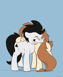 Size: 1784x2195 | Tagged: safe, artist:shadowblazearts, derpibooru import, oc, oc only, oc:vipy, earth pony, pony, biting, butt bite, duo, earth pony oc, male