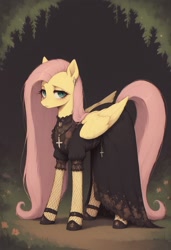 Size: 832x1216 | Tagged: safe, ai content, derpibooru import, machine learning generated, pegasus, pony, black dress, clothes, cross, cross necklace, dress, female, fishnet clothing, fishnet stockings, jewelry, long mane, looking at you, mare, necklace, outdoors, prompter:thehyperinsectoid, shoes, solo, stockings, thigh highs