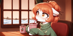 Size: 2400x1200 | Tagged: safe, ai content, derpibooru import, machine learning generated, oc, oc only, oc:victoria orlova, earth pony, pony, clothes, drinking, drinking straw, food, freckles, indoors, prompter:greesys, snow, solo, sweater, tea, window, winter