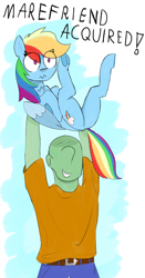 Size: 664x1263 | Tagged: safe, artist:theonlyone, derpibooru import, rainbow dash, oc, oc:anon, human, pegasus, pony, duo, featureless crotch, happy, holding a pony, hooves together, simple background, worried