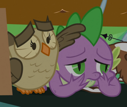 Size: 880x743 | Tagged: safe, derpibooru import, screencap, owlowiscious, spike, bird, dragon, owl, g4, just for sidekicks, comforting