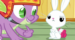 Size: 1719x923 | Tagged: safe, derpibooru import, screencap, angel bunny, spike, dragon, rabbit, g4, just for sidekicks, season 3, angel bunny is not amused, animal, clubhouse, duo, duo male, helmet, indoors, male, out of context, unamused, wingless spike