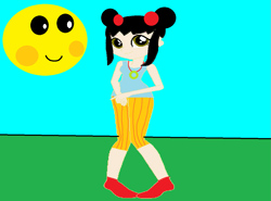 Size: 1147x850 | Tagged: safe, artist:disneyponyfan, artist:selenaede, derpibooru import, human, equestria girls, g4, base used, closed mouth, clothes, equestria girls-ified, female, field, grass, grass field, hair bun, jewelry, kai-lan, mr. sun, necklace, ni hao kai-lan, outdoors, pants, shirt, shoes, short pants, smiling, space buns, wrong aspect ratio, younger