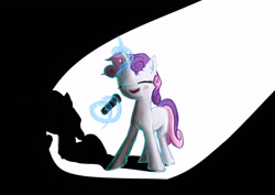 Size: 3037x2150 | Tagged: safe, artist:sharpieboss, derpibooru import, sweetie belle, pony, unicorn, g4, eyes closed, female, horn, magic, microphone, shadow, simple background, singing, solo, spotlight, telekinesis