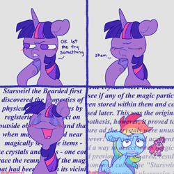 Size: 2963x2962 | Tagged: safe, artist:bishopony, derpibooru import, pinkie pie, rainbow dash, twilight sparkle, twilight sparkle (alicorn), alicorn, earth pony, pegasus, pony, g4, blush scribble, blushing, bust, cloven hooves, comic, dialogue, ears, female, floppy ears, frown, high res, hoof on chin, implied starswirl, mare, meta humor, motormouth, no pupils, open mouth, open smile, smiling, text, trio, trio female