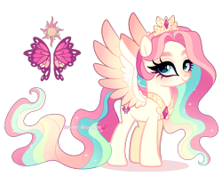 Size: 1993x1585 | Tagged: safe, artist:gihhbloonde, derpibooru import, oc, oc only, pegasus, pony, colored wings, ethereal mane, ethereal tail, female, gradient mane, gradient tail, gradient wings, green eyes, grid adoptable, jewelry, long tail, magical lesbian spawn, mare, offspring, parent:fluttershy, parent:princess celestia, parents:flutterlestia, pegasus oc, peytral, simple background, solo, sparkly mane, sparkly tail, spread wings, standing, tail, tiara, transparent background, unnamed oc, wings