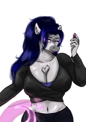 Size: 2893x4092 | Tagged: safe, artist:zsnowfilez, derpibooru import, oc, oc:belladonna nightshade, anthro, clothes, female, lipstick, magic tail, pants, shirt, simple background, solo, transparent background