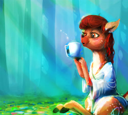 Size: 5000x4490 | Tagged: safe, artist:sharpieboss, derpibooru import, oc, oc only, oc:hazel nut, deer, :o, blowing, clothes, cup, fluffy, forest, freckles, hoof hold, nature, open mouth, robe, shirt, sitting, solo, tree