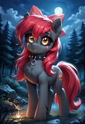 Size: 800x1169 | Tagged: safe, ai content, derpibooru import, generator:pony diffusion v6 xl, generator:stable diffusion, machine learning generated, apple bloom, undead, zombie, g4, apple bloom's bow, black sclera, blanked apple bloom, bow, collar, eye scar, facial scar, female, forest, hair bow, mare, moon, nature, night, outdoors, prompter:gregorymars, scar, solo, spiked collar, story of the blanks, tree, zombie bloom