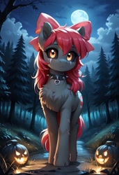 Size: 800x1169 | Tagged: safe, ai content, derpibooru import, generator:pony diffusion v6 xl, generator:stable diffusion, machine learning generated, apple bloom, undead, zombie, g4, apple bloom's bow, black sclera, blanked apple bloom, bow, collar, eye scar, facial scar, female, forest, hair bow, halloween, holiday, jack-o-lantern, mare, moon, nature, night, outdoors, prompter:gregorymars, pumpkin, scar, solo, spiked collar, story of the blanks, tree, zombie bloom