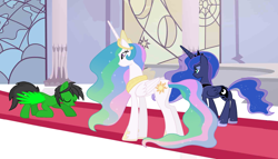 Size: 1792x1023 | Tagged: safe, artist:star-armour95, derpibooru import, princess celestia, princess luna, oc, oc:star armour, alicorn, pegasus, g4, female, indoors, jewelry, mare, pegasus oc, regalia, royal sisters, siblings, sisters