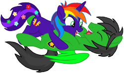 Size: 2708x1601 | Tagged: safe, artist:star-armour95, derpibooru import, oc, oc only, oc:rainbow flower, oc:star armour, pegasus, unicorn, horn, lying down, prone, romantic, simple background, transparent background, vector