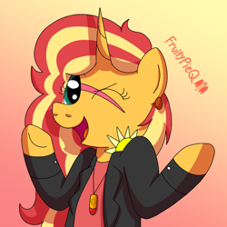 Size: 1000x1000 | Tagged: safe, artist:fruiitypieq, derpibooru import, sunset shimmer, pony, unicorn, equestria girls, g4, rainbow rocks, bipedal, clothes, ear piercing, female, horn, jacket, jewelry, mare, necklace, one eye closed, open mouth, open smile, piercing, rainbow rocks 10th anniversary, smiling, solo, underhoof