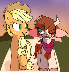 Size: 3024x3170 | Tagged: safe, artist:chaosimp2006, derpibooru import, applejack, arizona cow, cow, earth pony, them's fightin' herds, g4, community related, outdoors, simple background