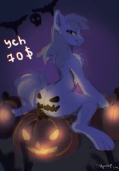 Size: 889x1280 | Tagged: safe, artist:shpoof, derpibooru import, oc, oc only, bat pony, earth pony, pegasus, pony, unicorn, commission, cute, dark background, halloween, holiday, horn, outdoors, pegasus oc, pumpkin, solo, unicorn oc, your character here