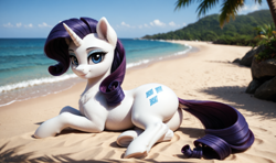 Size: 2432x1440 | Tagged: safe, ai content, derpibooru import, machine learning generated, rarity, pony, unicorn, g4, beach, butt, chest fluff, dock, ear fluff, ears, female, fluffy, head turn, horn, looking at you, lying down, lying on the ground, mare, on ground, on side, outdoors, photorealistic, plot, prompter:bloodwood, prone, realistic, sand, side view, smiling, smiling at you, tail, underhoof