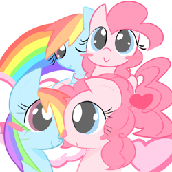 Size: 1600x1600 | Tagged: safe, artist:bonnboncakez, derpibooru import, pinkie pie, rainbow dash, earth pony, pegasus, pony, g4, blushing, duo, duo female, female, heart, lesbian, mare, one eye closed, pinkiedash, rainbow, shipping, simple background, white background, wink