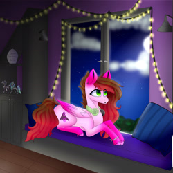 Size: 2449x2449 | Tagged: safe, artist:cookieholderowo, derpibooru import, oc, oc:liddie neko, pegasus, pony, female, lying down, mare, night, prone, solo