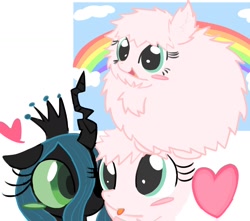 Size: 1600x1417 | Tagged: safe, artist:bonnboncakez, derpibooru import, queen chrysalis, oc, oc:fluffle puff, changeling, changeling queen, earth pony, pony, g4, blushing, canon x oc, chrysipuff, cloud, crown, duo, duo female, female, fluffy, heart, jewelry, lesbian, mare, rainbow, regalia, shipping, simple background, tongue, tongue out, white background