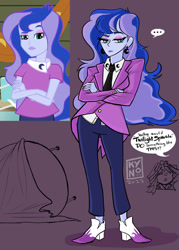 Size: 828x1159 | Tagged: safe, artist:kyno_3584, derpibooru import, princess luna, sunset shimmer, vice principal luna, human, equestria girls, g4, alternate clothes, clothes, crossed arms, ear piercing, earring, eyebrows, eyeshadow, female, high heels, jacket, jewelry, makeup, necktie, pants, piercing, raised eyebrow, shoes, skeptical, solo, speech bubble, table flip