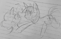 Size: 2048x1313 | Tagged: safe, artist:metaruscarlet, derpibooru import, pinkie pie, twilight sparkle, unicorn twilight, earth pony, pony, unicorn, g4, duo, duo female, female, horn, lined paper, traditional art