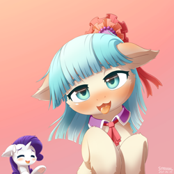 Size: 1500x1500 | Tagged: safe, artist:symbianl, derpibooru import, coco pommel, rarity, earth pony, pony, unicorn, g4, ahegao, blushing, drool, drool string, drunk, duo, duo female, ears, eyes closed, female, floppy ears, frog (hoof), go home you're drunk, gradient background, horn, mare, open mouth, salivating, sweat, sweatdrop, taste buds, tongue, tongue out, underhoof