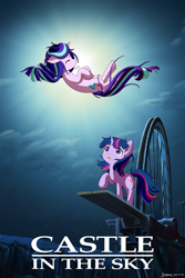 Size: 3200x4800 | Tagged: safe, artist:symbianl, derpibooru import, starlight glimmer, twilight sparkle, unicorn twilight, pony, unicorn, g4, castle in the sky, crossover, duo, duo female, eyes closed, female, hayao miyazaki, high res, horn, jewelry, levitation, machine, magic, mare, movie poster, necklace, open mouth, parody, poster, poster parody, raised hoof, raised leg, studio ghibli, telekinesis