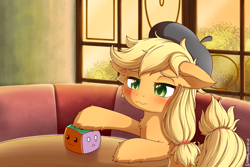 Size: 2400x1600 | Tagged: safe, artist:symbianl, derpibooru import, applejack, earth pony, pony, g4, g4.5, how applejack got her hat back, my little pony: pony life, beret, blushing, booth, cute, female, fluffy, freckles, g4.5 to g4, generation leap, hat, indoors, jackabetes, mare, sad, scene interpretation, sitting, solo, squishy cube, table, window