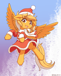 Size: 1600x2000 | Tagged: safe, artist:symbianl, derpibooru import, oc, oc only, oc:mareota, pegasus, pony, g4, christmas, clothes, female, flying, hat, holiday, looking at you, mare, open mouth, open smile, pegasus oc, santa hat, scarf, smiling, smiling at you, solo, spread wings, wings