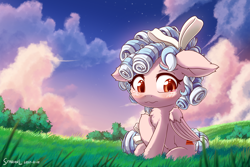 Size: 2400x1600 | Tagged: safe, artist:symbianl, derpibooru import, cozy glow, pegasus, pony, g4, :3, chest fluff, cloud, cloudy, cozybetes, cute, female, filly, foal, grass, hill, outdoors, sad, sadorable, sitting, sky, solo, teary eyes