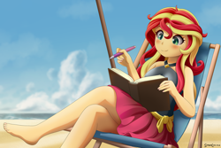 Size: 3000x2000 | Tagged: safe, artist:symbianl, derpibooru import, sunset shimmer, human, equestria girls, g4, barefoot, beach, beach chair, blushing, book, chair, clothes, crossed legs, feet, female, high res, legs, nail polish, outdoors, pen, reclining, sarong, sitting, solo, sunset shimmer's beach shorts swimsuit, sunset's journal, toenail polish