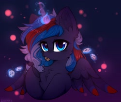 Size: 2542x2160 | Tagged: safe, artist:lerkfruitbat, derpibooru import, oc, oc only, alicorn, pony, alicorn oc, cheek fluff, chest fluff, colored wings, colored wingtips, commission, cookie, cute, ear fluff, ears, female, food, glowing, glowing horn, gradient background, horn, levitation, looking at you, magic, magic aura, mare, ocbetes, signature, solo, spread wings, telekinesis, wings