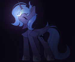 Size: 1642x1356 | Tagged: safe, artist:lerkfruitbat, derpibooru import, princess luna, alicorn, pony, g4, ^^, balancing, chest fluff, crescent moon, crown, cute, eyebrows, eyebrows visible through hair, eyes closed, female, folded wings, hoof shoes, horn, jewelry, leg fluff, long legs, lunabetes, mare, moon, peytral, ponies balancing stuff on their nose, princess shoes, regalia, s1 luna, smiling, solo, tangible heavenly object, wings