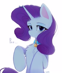 Size: 2155x2560 | Tagged: safe, artist:lerkfruitbat, derpibooru import, rarity, pony, unicorn, g4, :t, behaving like a cat, bell, bell collar, chest fluff, collar, cute, eyebrows, female, horn, looking at you, mare, pony pet, purring, raribetes, raricat, signature, simple background, solo, white background