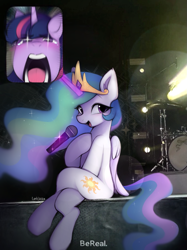 Size: 905x1207 | Tagged: safe, artist:lerkfruitbat, derpibooru import, princess celestia, twilight sparkle, alicorn, pony, g4, bereal., crossed legs, crown, crying, drum kit, drums, ethereal mane, ethereal tail, faic, female, folded wings, glowing, glowing horn, horn, jewelry, levitation, lights, magic, magic aura, mare, meme, microphone, musical instrument, open mouth, picture-in-picture, ponies sitting like humans, ponified, ponified meme, regalia, screaming, screaming fan meme, singing, sitting, stage, tail, telekinesis, wings