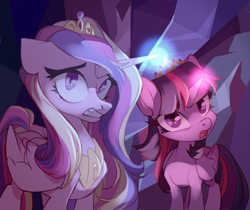 Size: 3445x2894 | Tagged: safe, artist:lummh, artist:shore2020, derpibooru import, princess cadance, twilight sparkle, twilight sparkle (alicorn), alicorn, pony, comic:the princess of love, g4, crown, duo, duo female, female, folded wings, glowing, glowing horn, gritted teeth, high res, horn, jewelry, looking at you, mare, new crown, open mouth, peytral, regalia, teeth, wings