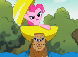 Size: 1382x1016 | Tagged: safe, derpibooru import, edit, edited screencap, editor:umsx, screencap, pinkie pie, earth pony, human, pony, g4, over a barrel, bobobo, bobobo-bo bo-bobo, shitposting