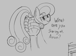 Size: 547x408 | Tagged: safe, anonymous artist, derpibooru import, bon bon, sweetie drops, earth pony, brick booty, butt, dialogue, female, forced meme, implied anon, looking back, mare, plot, simple background, sketch, solo