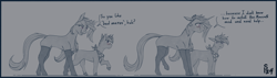 Size: 4600x1300 | Tagged: safe, artist:stray prey, derpibooru import, oc, oc only, oc:acidia, oc:lucent, pony, unicorn, 2 panel comic, comic, concave belly, duo, duo male and female, female, height difference, horn, male, side view, slender, thin, unicorn oc